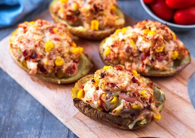 Baked potato with bacon and tuna